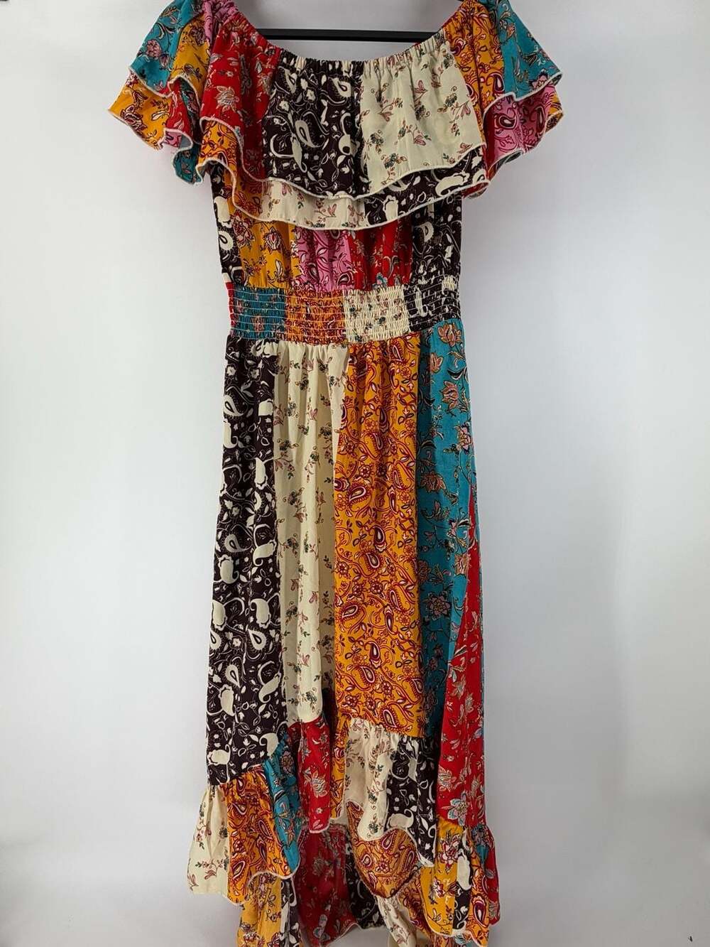 Mlle Gabrielle Patchwork Paisley Floral Off Shoulder Maxi Dress Size S Boho Fest